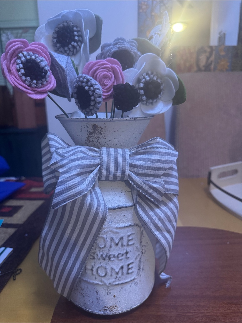 Home Sweet Home farmhouse jug with Pink & White Felt Flowers
